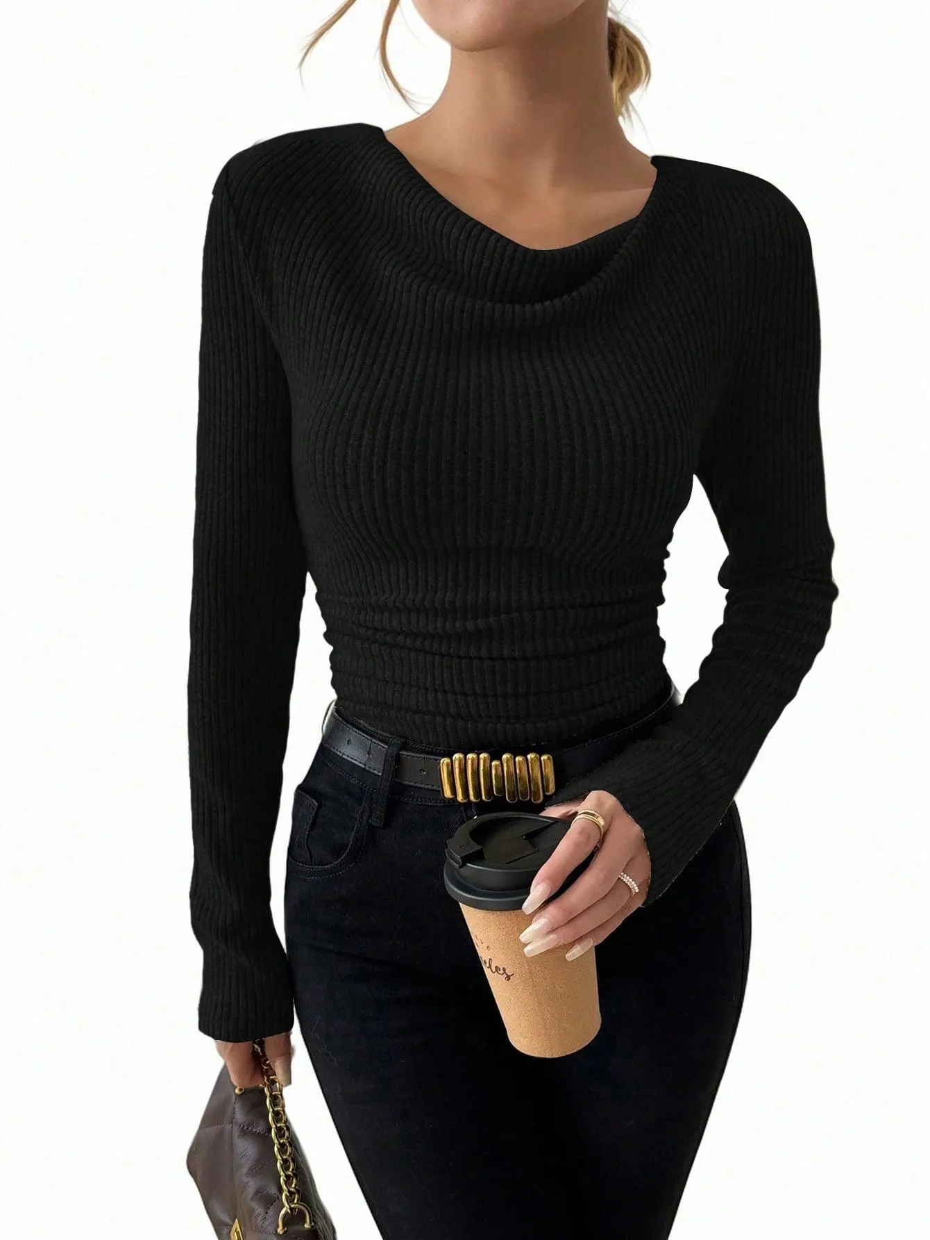 Raffinéa Vintage Asymmetrical Draped Neck Textured Gathered Fitted Long Sleeve T-Shirt