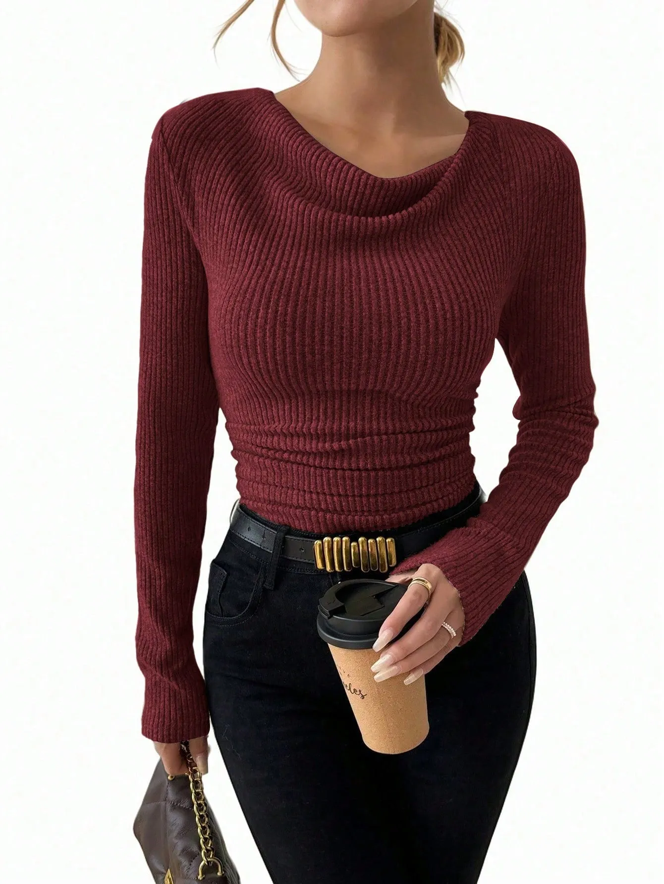 Raffinéa Vintage Asymmetrical Draped Neck Textured Gathered Fitted Long Sleeve T-Shirt