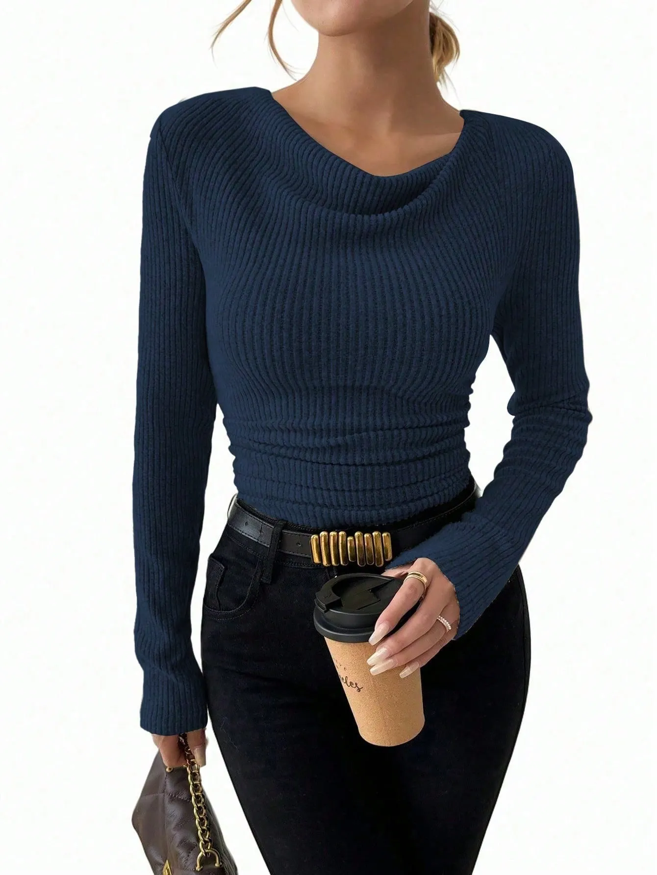 Raffinéa Vintage Asymmetrical Draped Neck Textured Gathered Fitted Long Sleeve T-Shirt
