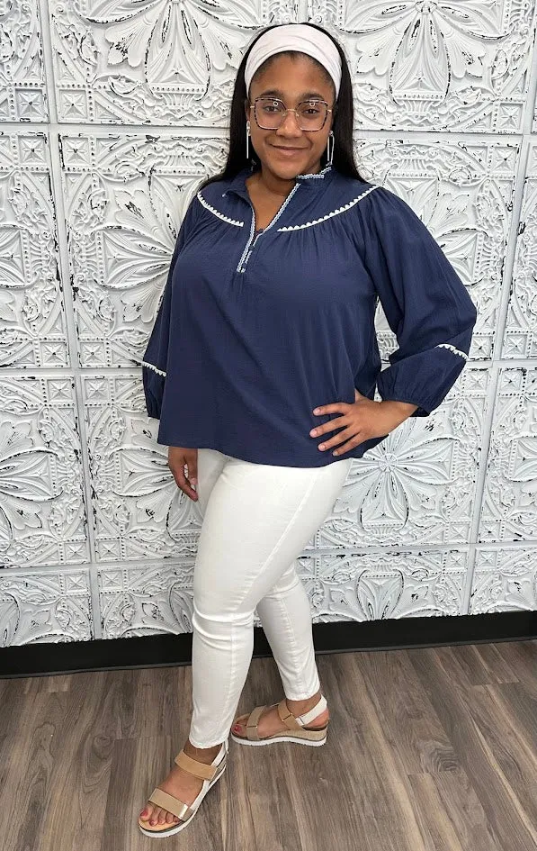 Reg/Curvy Ruffle Neck Top with Embroidery Details and Puff Sleeves