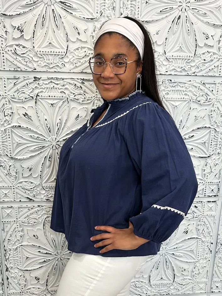 Reg/Curvy Ruffle Neck Top with Embroidery Details and Puff Sleeves