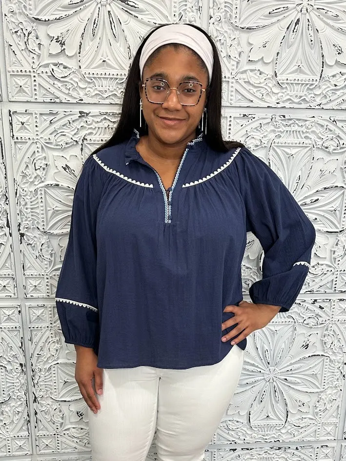 Reg/Curvy Ruffle Neck Top with Embroidery Details and Puff Sleeves