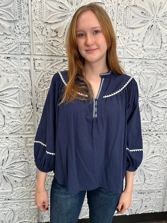 Reg/Curvy Ruffle Neck Top with Embroidery Details and Puff Sleeves