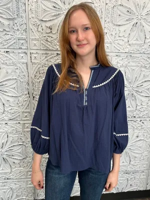 Reg/Curvy Ruffle Neck Top with Embroidery Details and Puff Sleeves