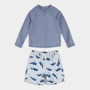 Ribbed Long-Sleeve Faded Blue & Hammerhead Rashguard Set