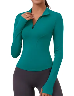 Ropa Deportiva para Mujer Long Sleeve Fall Workout Tops Womens Crop Quarter Half Zip Pullover Athletic Yoga Shirts Running Wear(Blue Green)