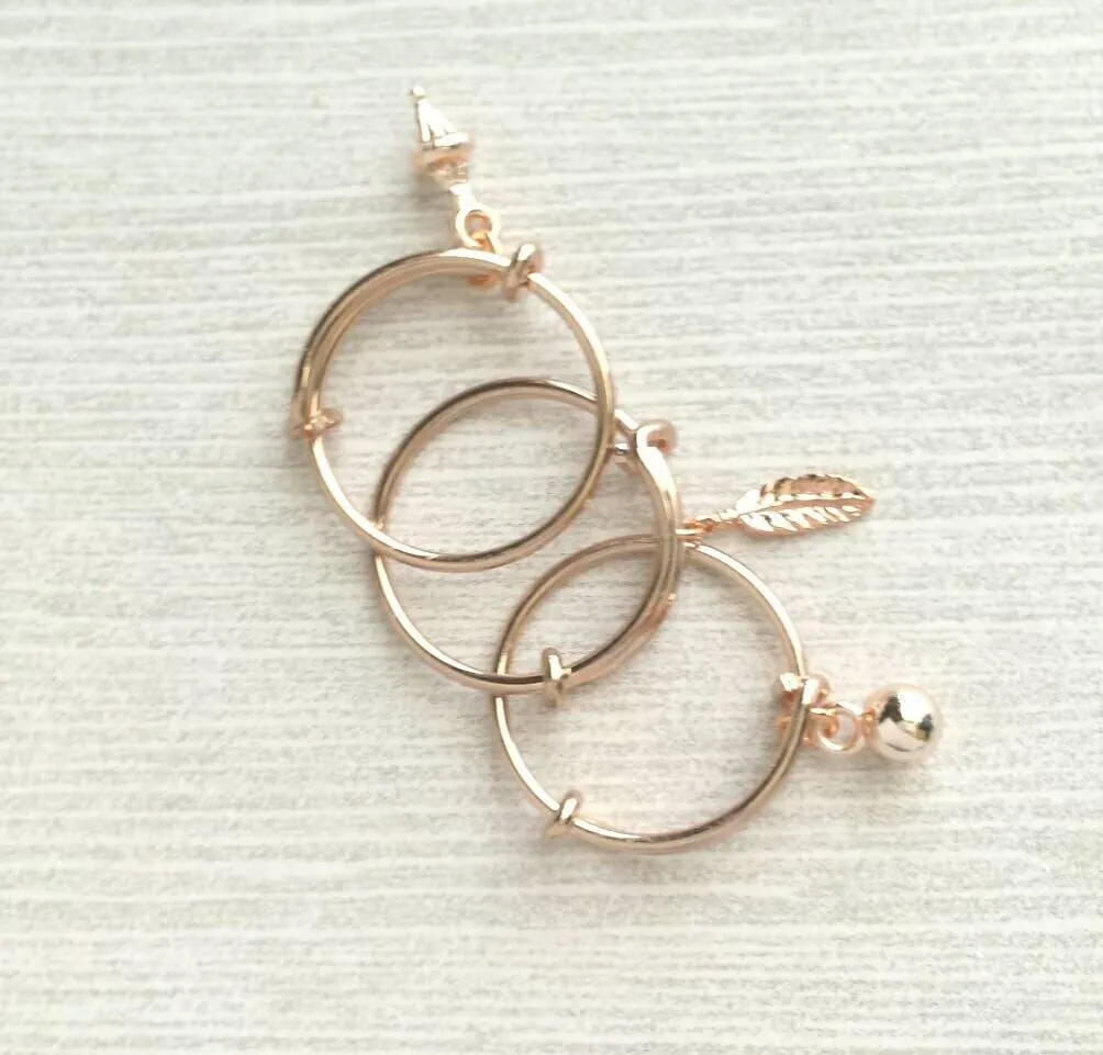 Rose Gold Ring - adjustable pink bangle bracelet style - choose tiny dainty charm dangle ball feather leaf cone - wire loop 5 6 7 8 9 band