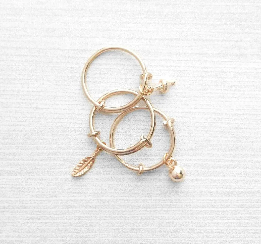 Rose Gold Ring - adjustable pink bangle bracelet style - choose tiny dainty charm dangle ball feather leaf cone - wire loop 5 6 7 8 9 band
