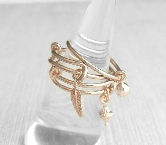 Rose Gold Ring - adjustable pink bangle bracelet style - choose tiny dainty charm dangle ball feather leaf cone - wire loop 5 6 7 8 9 band