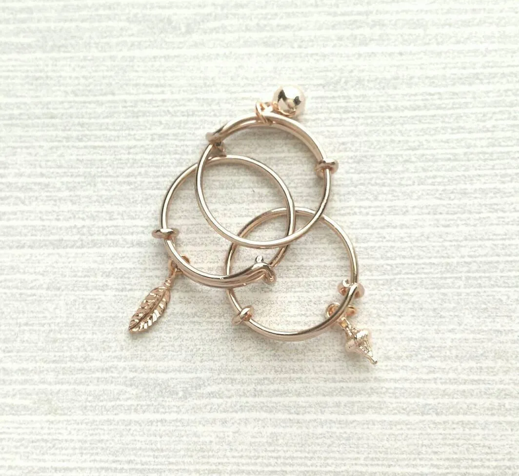 Rose Gold Ring - adjustable pink bangle bracelet style - choose tiny dainty charm dangle ball feather leaf cone - wire loop 5 6 7 8 9 band