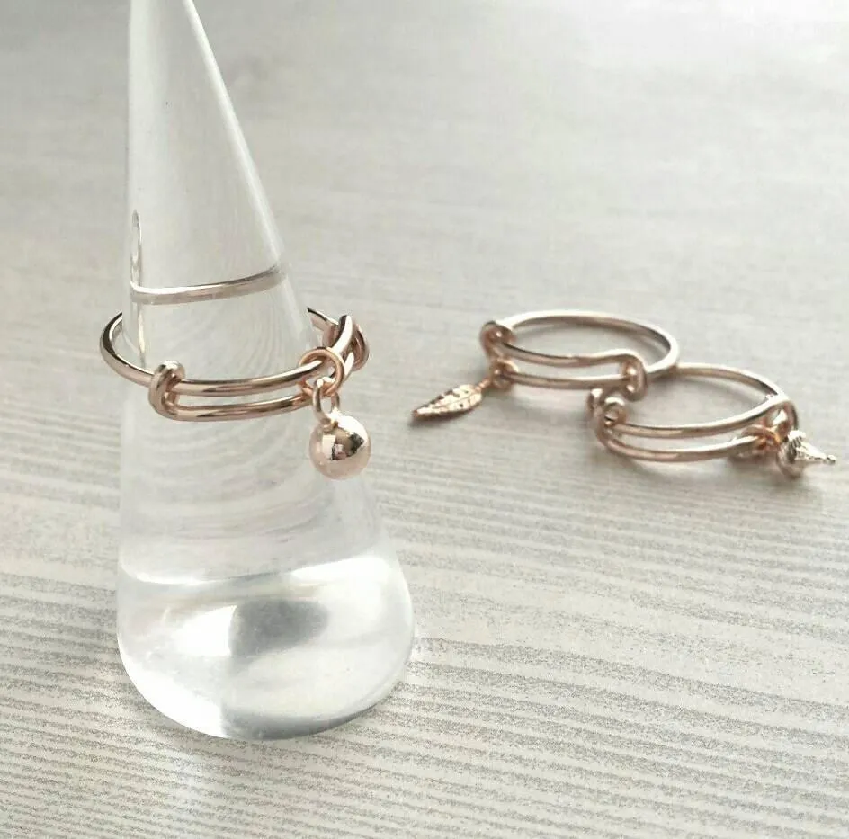 Rose Gold Ring - adjustable pink bangle bracelet style - choose tiny dainty charm dangle ball feather leaf cone - wire loop 5 6 7 8 9 band