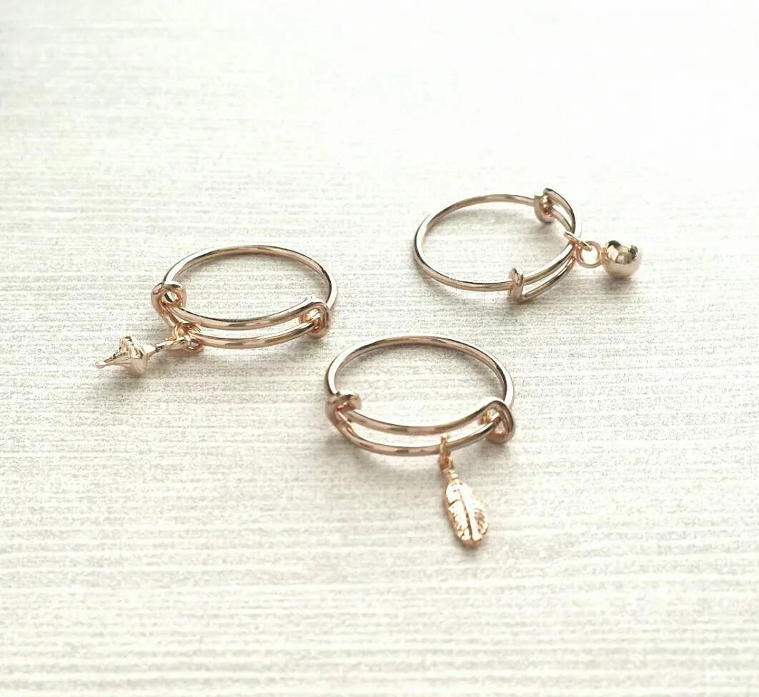 Rose Gold Ring - adjustable pink bangle bracelet style - choose tiny dainty charm dangle ball feather leaf cone - wire loop 5 6 7 8 9 band