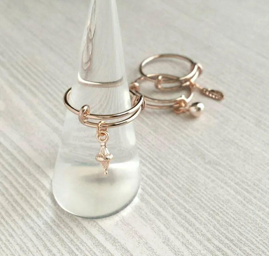 Rose Gold Ring - adjustable pink bangle bracelet style - choose tiny dainty charm dangle ball feather leaf cone - wire loop 5 6 7 8 9 band