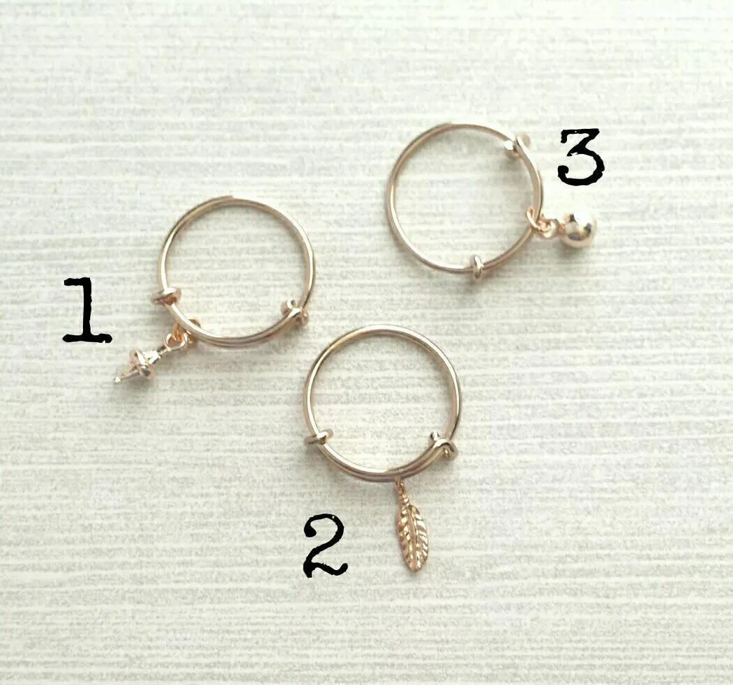 Rose Gold Ring - adjustable pink bangle bracelet style - choose tiny dainty charm dangle ball feather leaf cone - wire loop 5 6 7 8 9 band