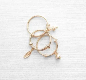 Rose Gold Ring - adjustable pink bangle bracelet style - choose tiny dainty charm dangle ball feather leaf cone - wire loop 5 6 7 8 9 band