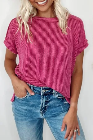 Rose Red Textured Knit Round Neck T-shirt