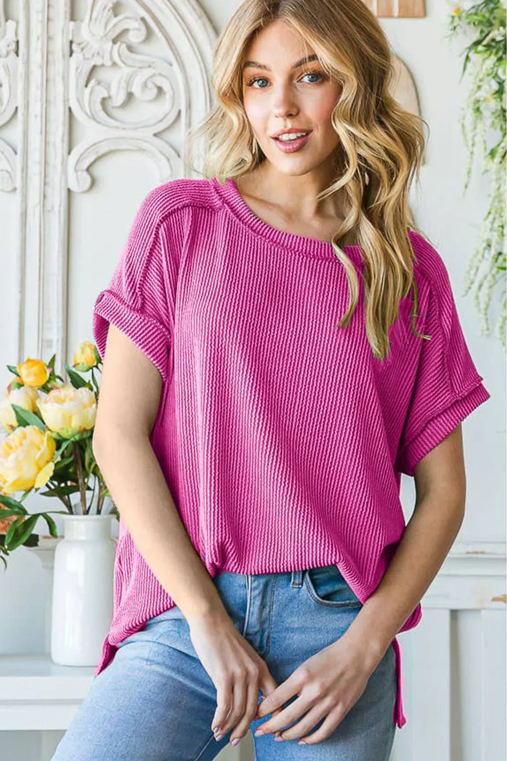 Rose Red Textured Knit Round Neck T-shirt