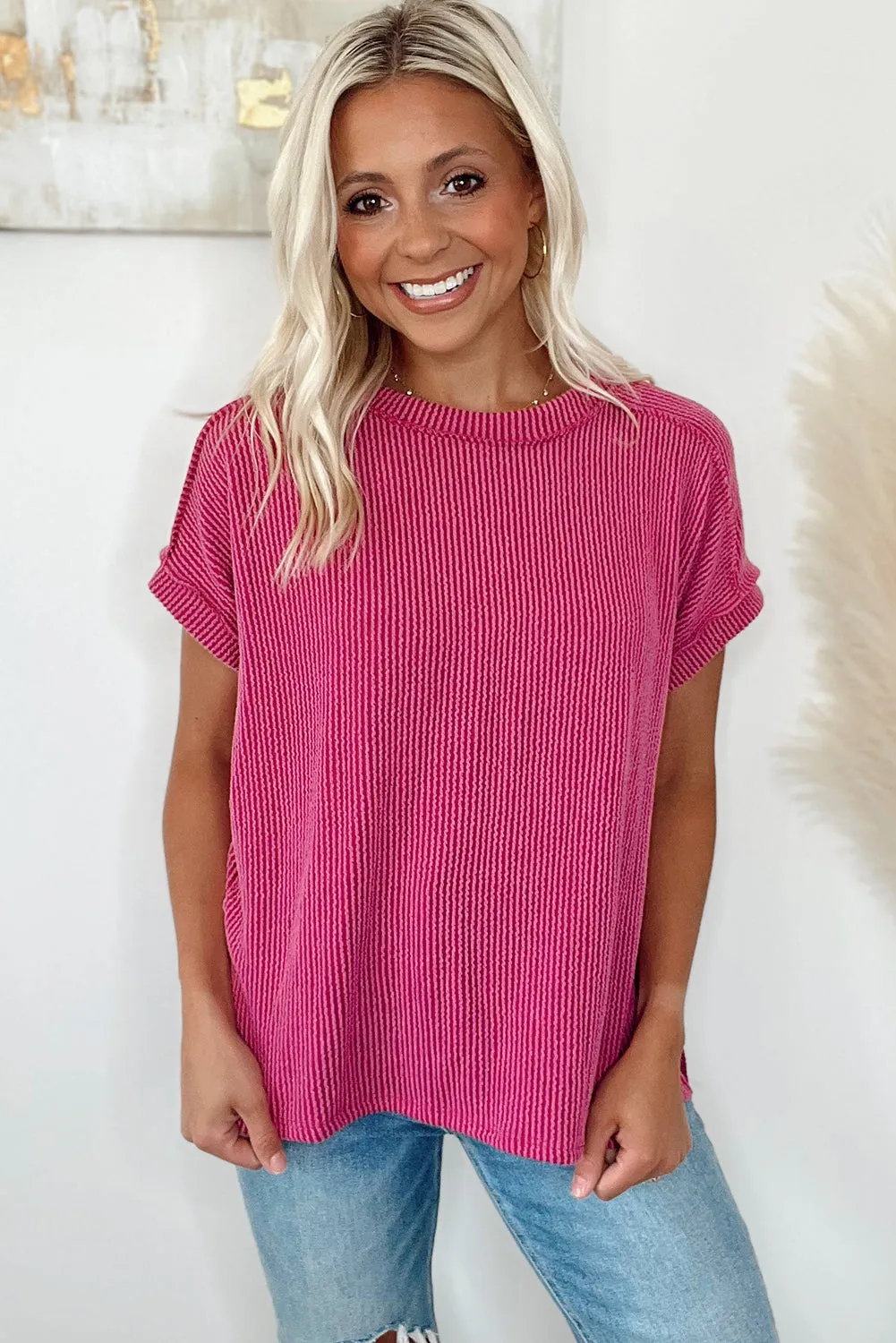 Rose Red Textured Knit Round Neck T-shirt
