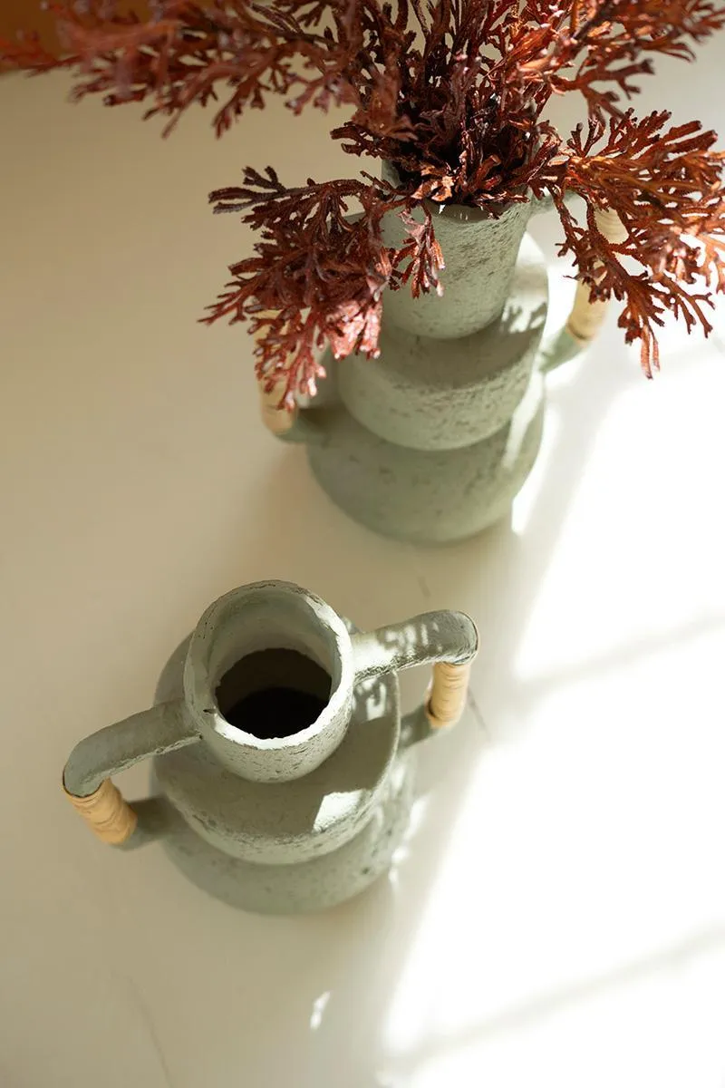 Set of 2 Mint Paper Mache Vases with Cane Wrapped Handles