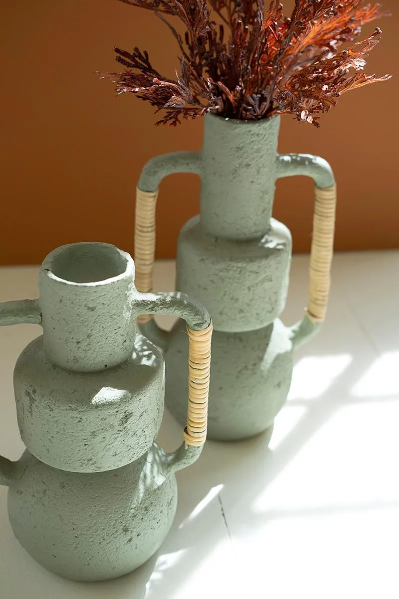 Set of 2 Mint Paper Mache Vases with Cane Wrapped Handles