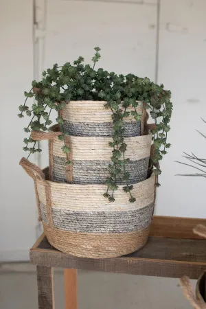 Set of 3 Grey Stripe Round Rush Baskets