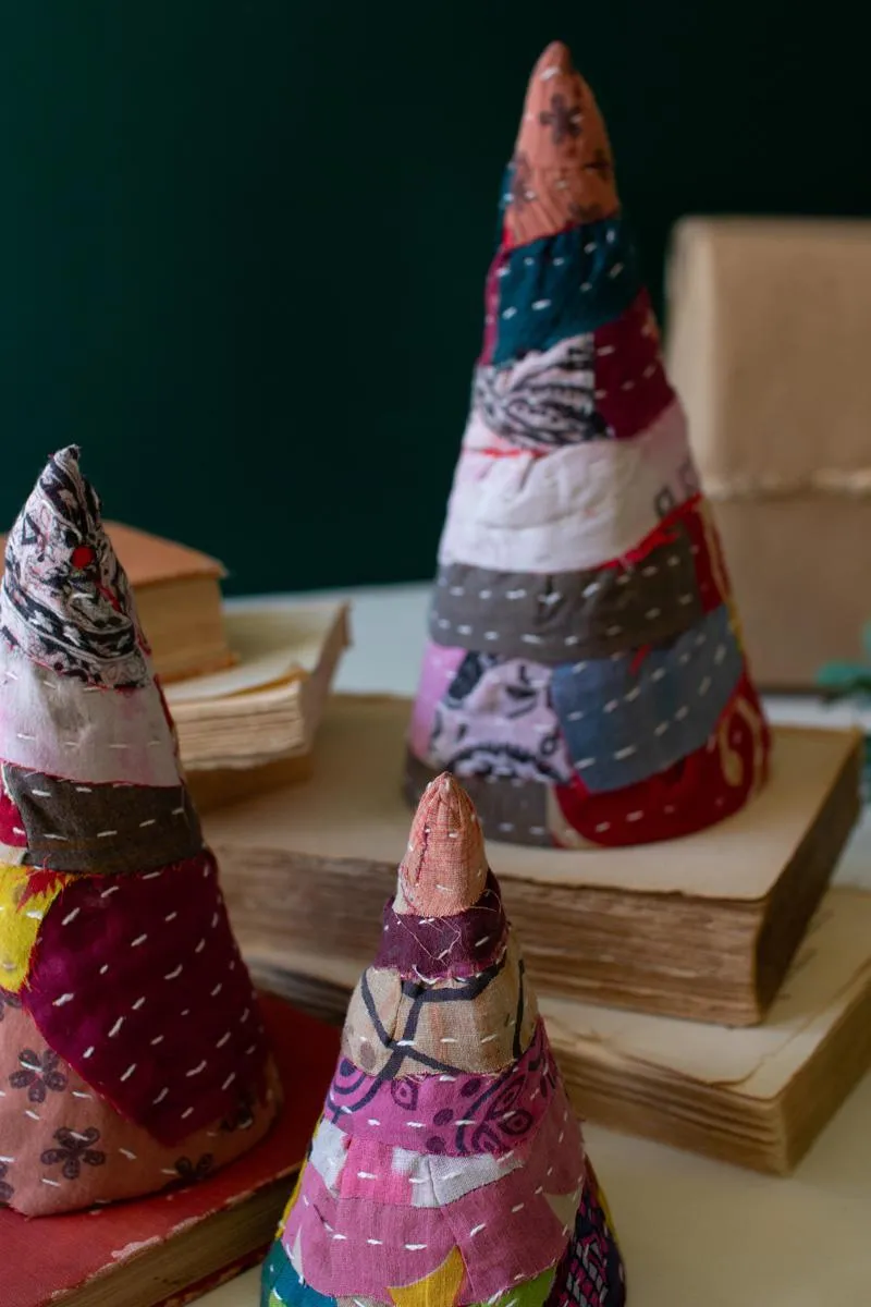 Set of 3 Small Kantha Christmas Topiaries (Pack of 4)