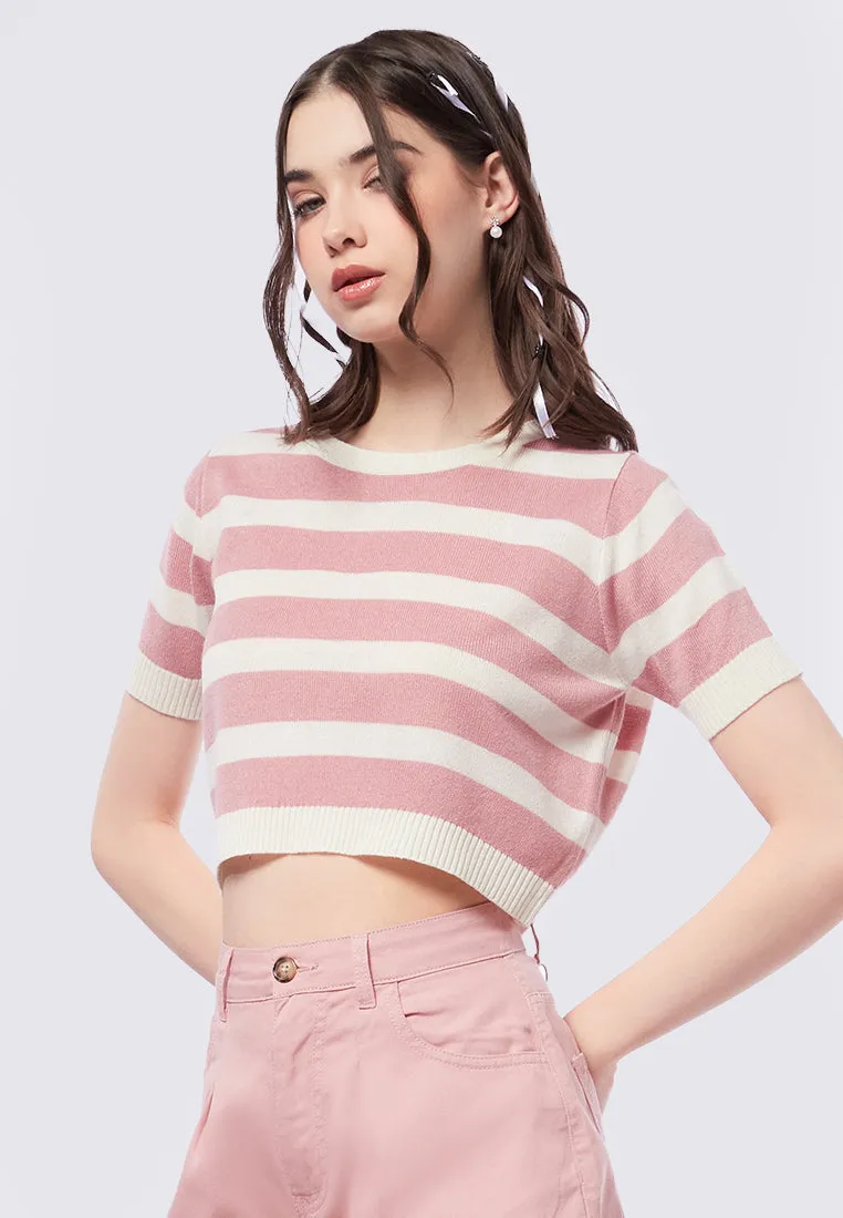 Striped Short Sleeve Knit Crop Top