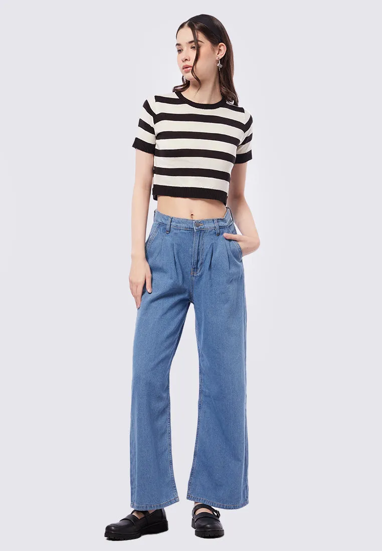 Striped Short Sleeve Knit Crop Top