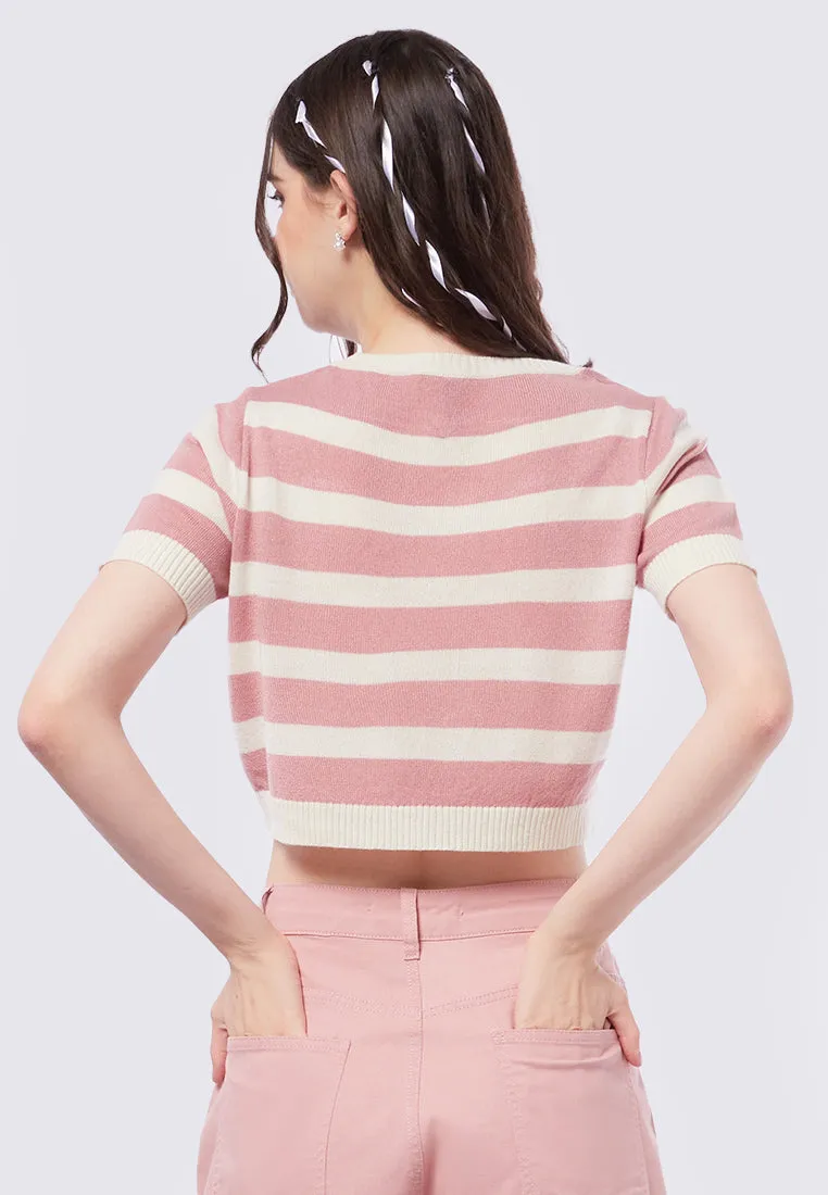 Striped Short Sleeve Knit Crop Top