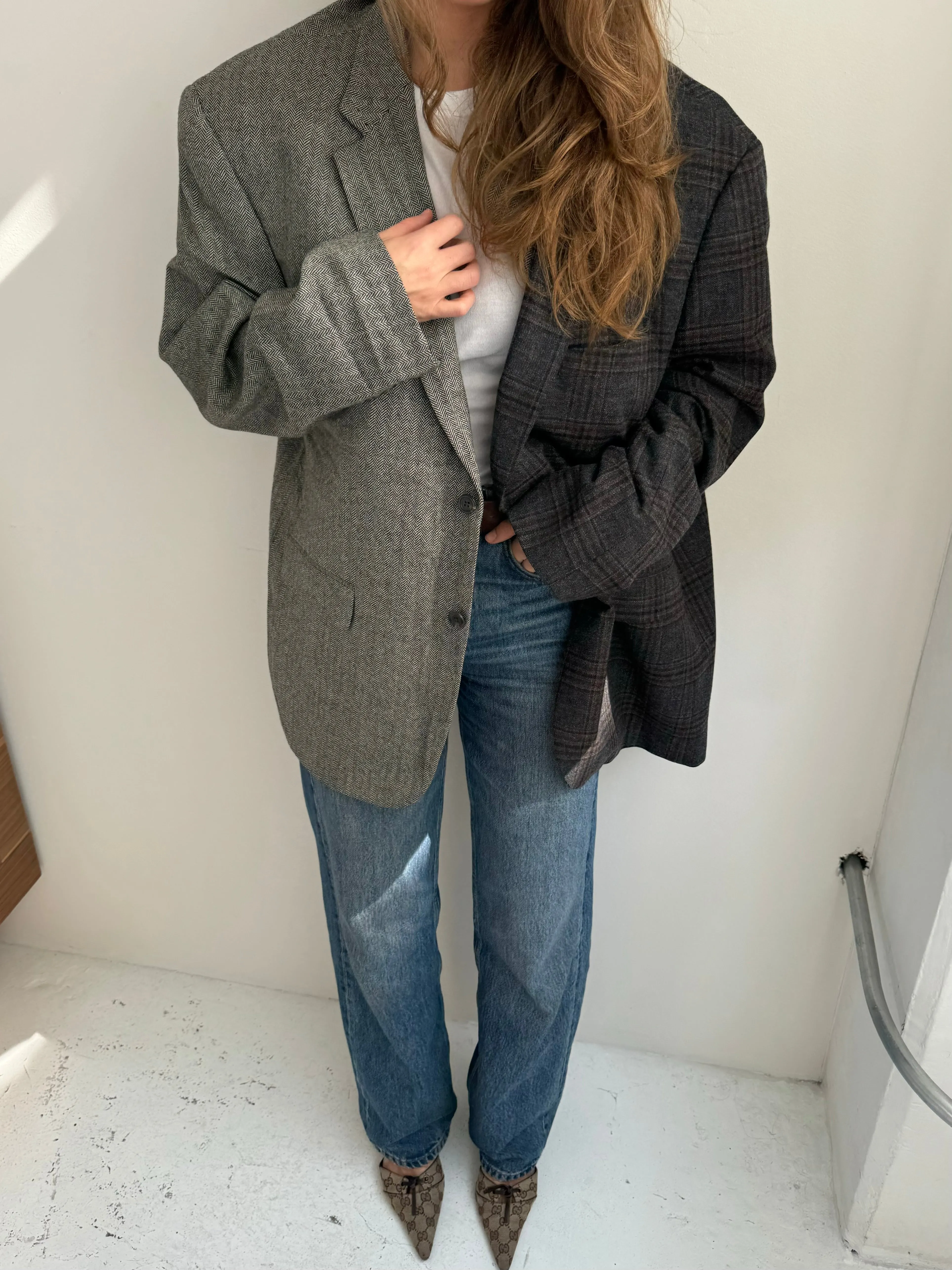 Stunning plaid and grey herringbone contrasted blazer