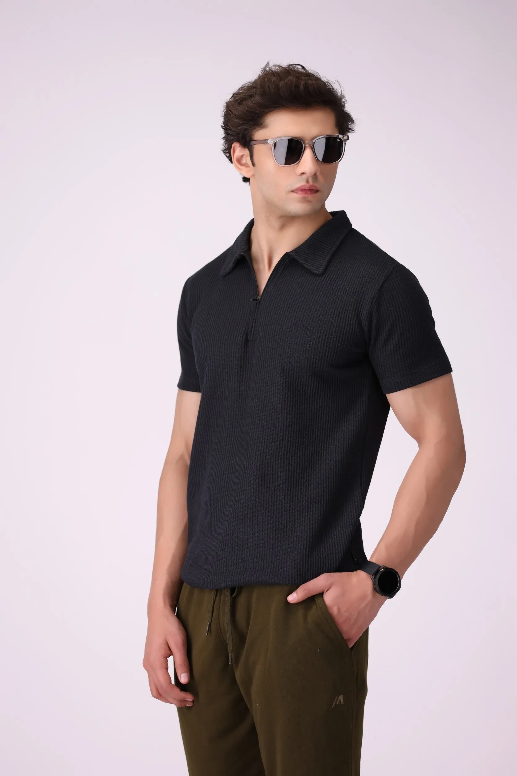 SunZip Textured Black Polo Shirt