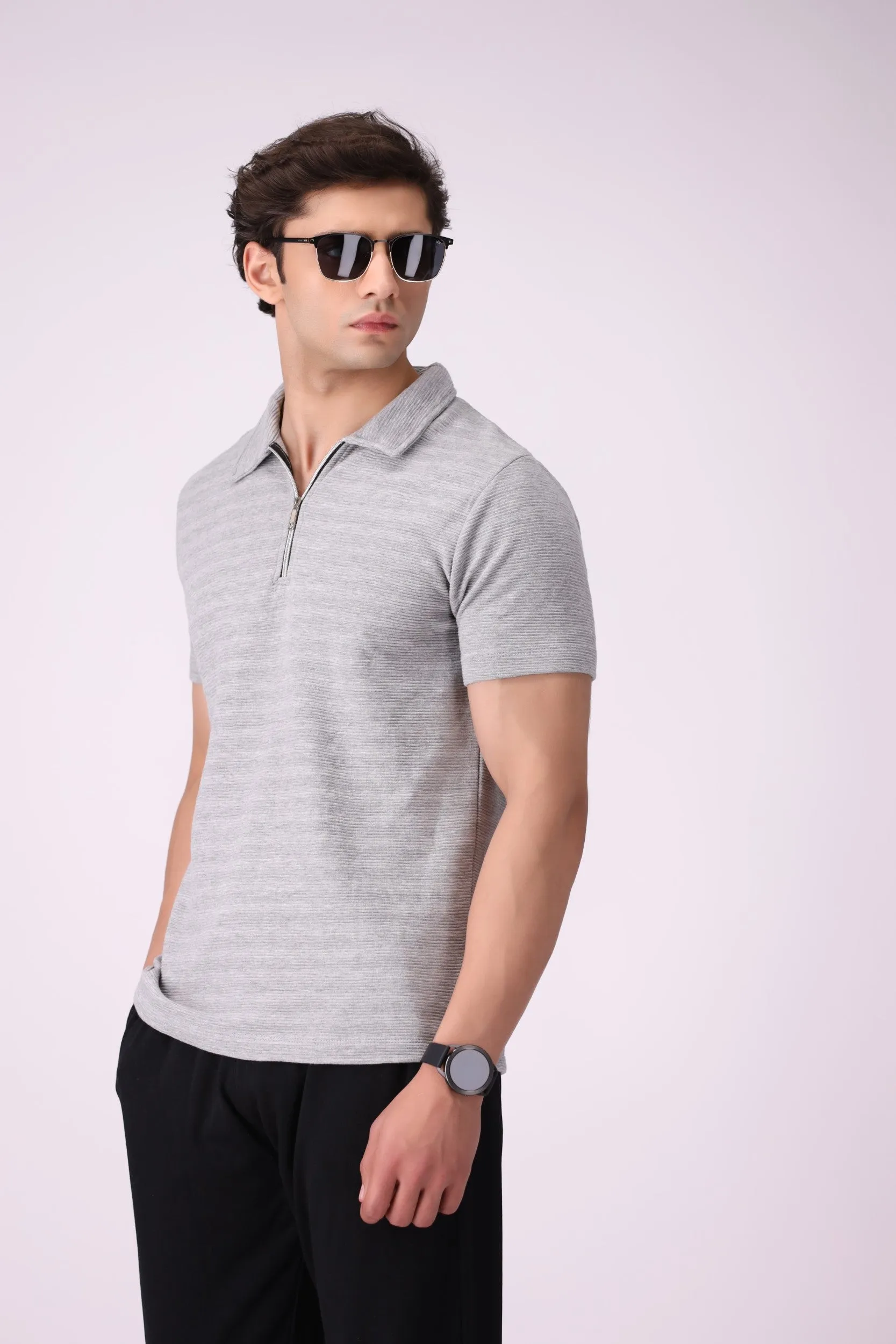 SunZip Textured Grey Polo Shirt