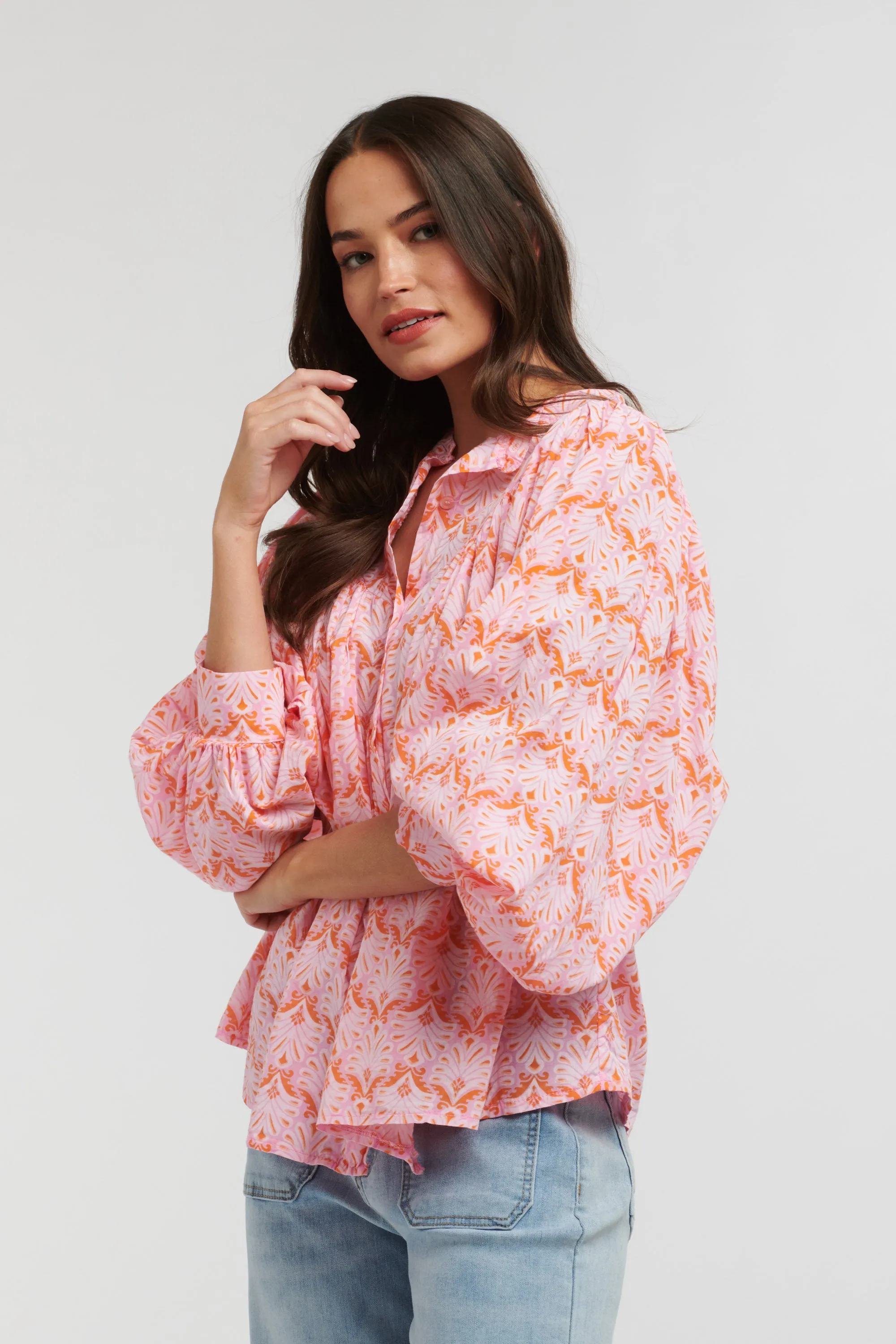 Sybil Shirt - Feather Print Pink/Fuxia/Orange