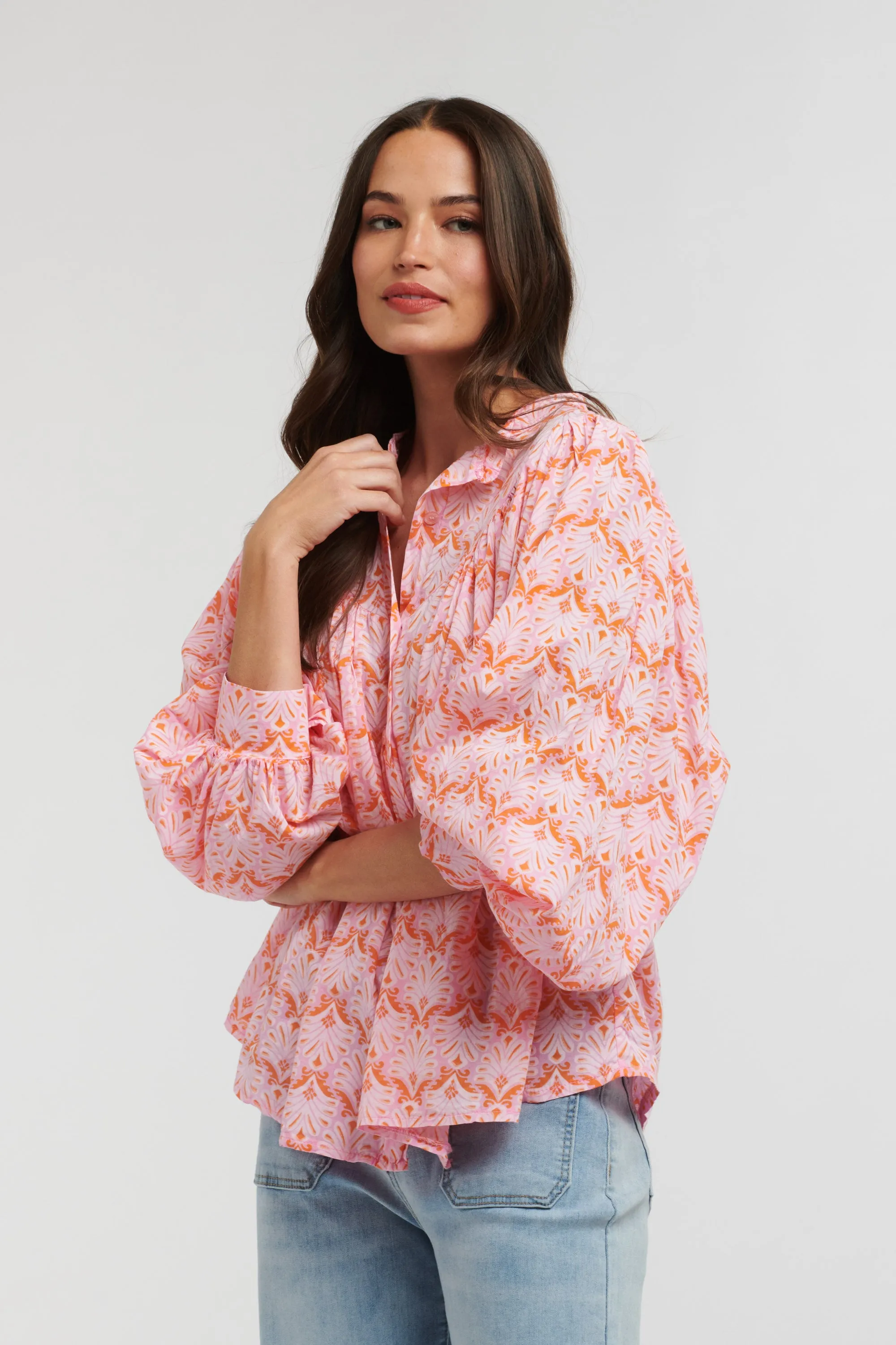 Sybil Shirt - Feather Print Pink/Fuxia/Orange
