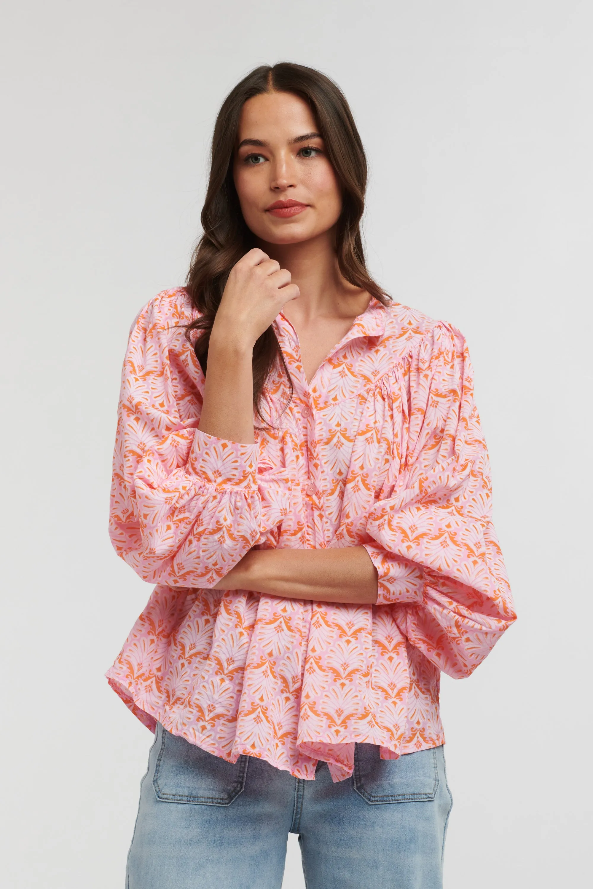 Sybil Shirt - Feather Print Pink/Fuxia/Orange