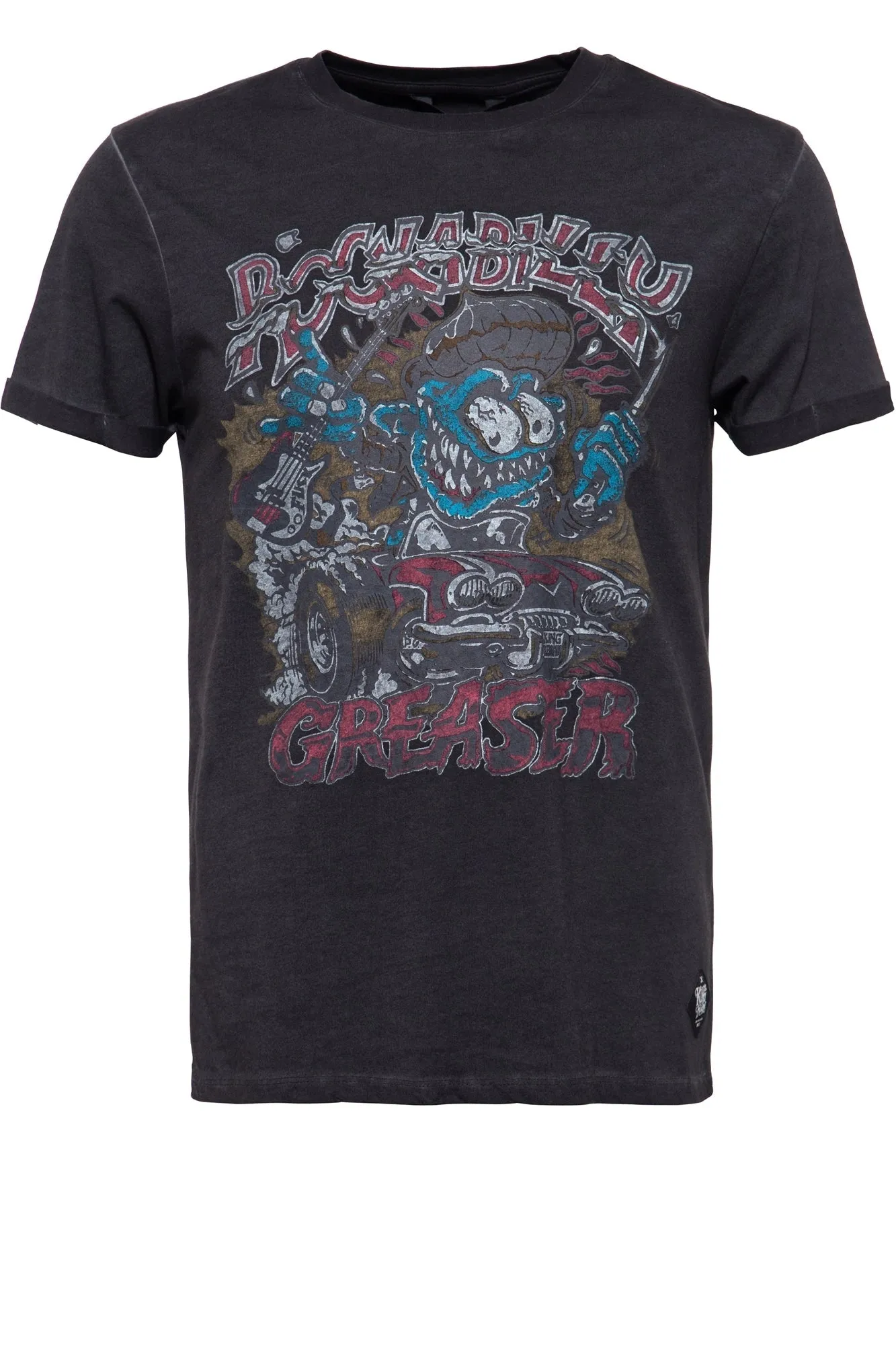 T-Shirt mit Oilwash-Effekt und Frontprint und Ärmelaufschlag «Rockabilly Greaser»