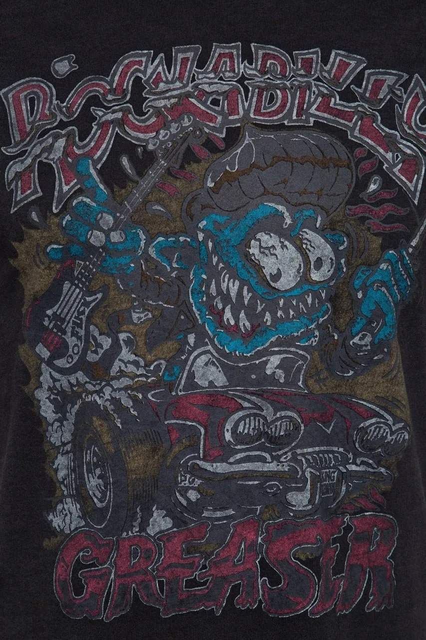 T-Shirt mit Oilwash-Effekt und Frontprint und Ärmelaufschlag «Rockabilly Greaser»