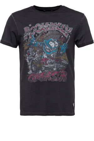 T-Shirt mit Oilwash-Effekt und Frontprint und Ärmelaufschlag «Rockabilly Greaser»