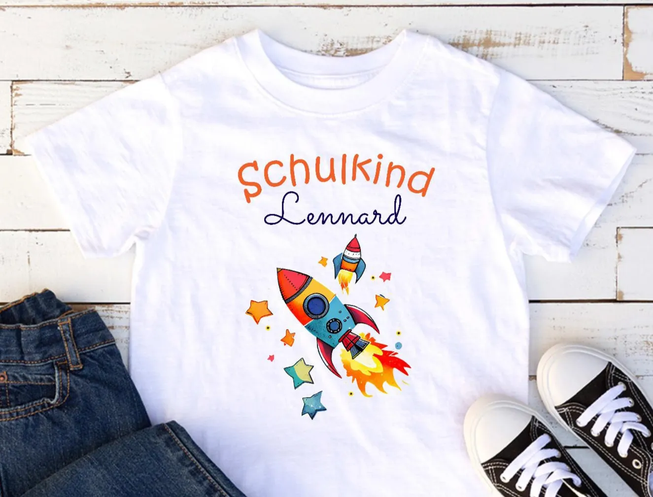T-Shirt Schulkind Einschulung mit Name Rakete Junge personalisiert