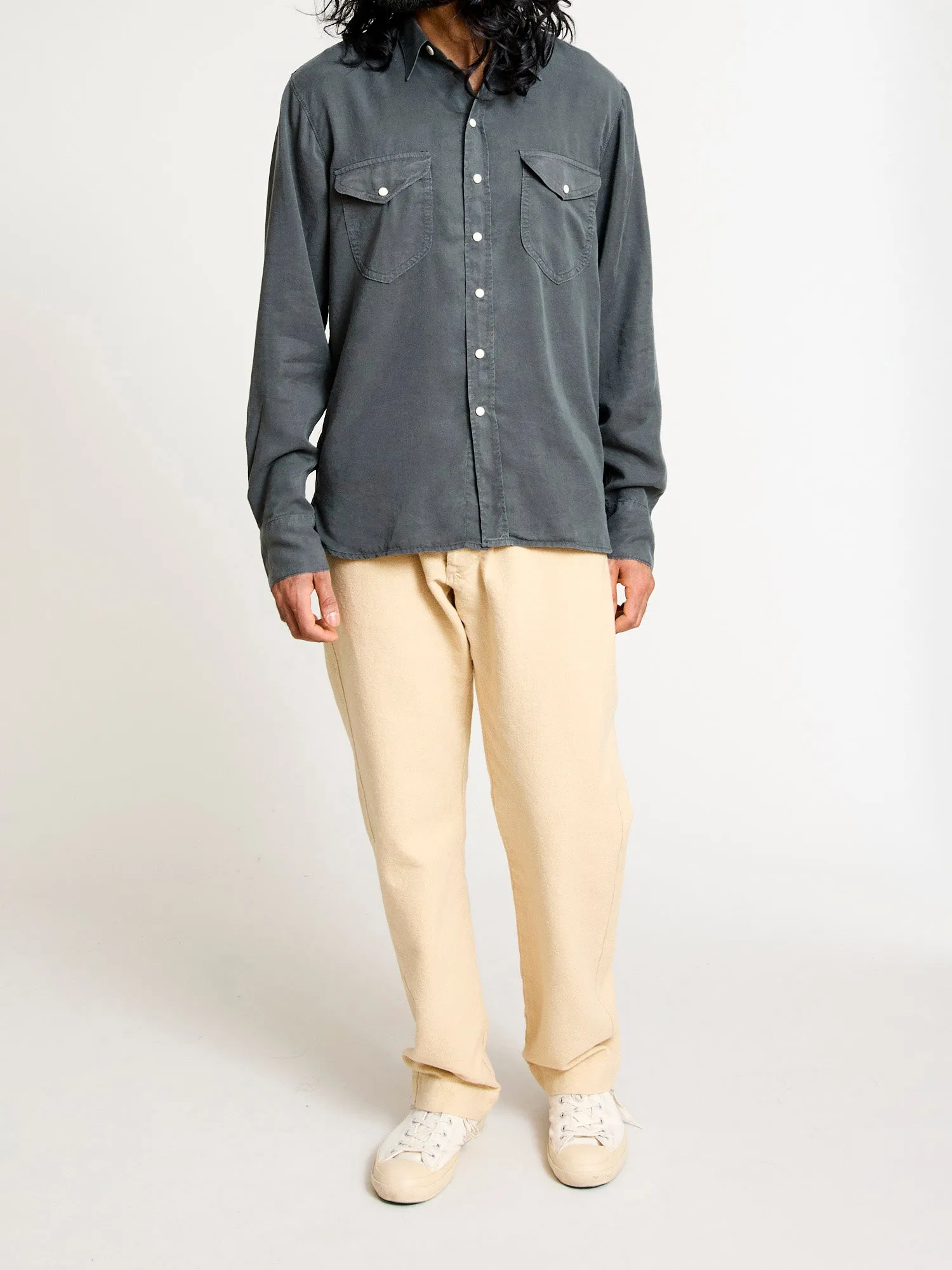 Tencel Gabardine Pearl Snap Shirt in Faded Black