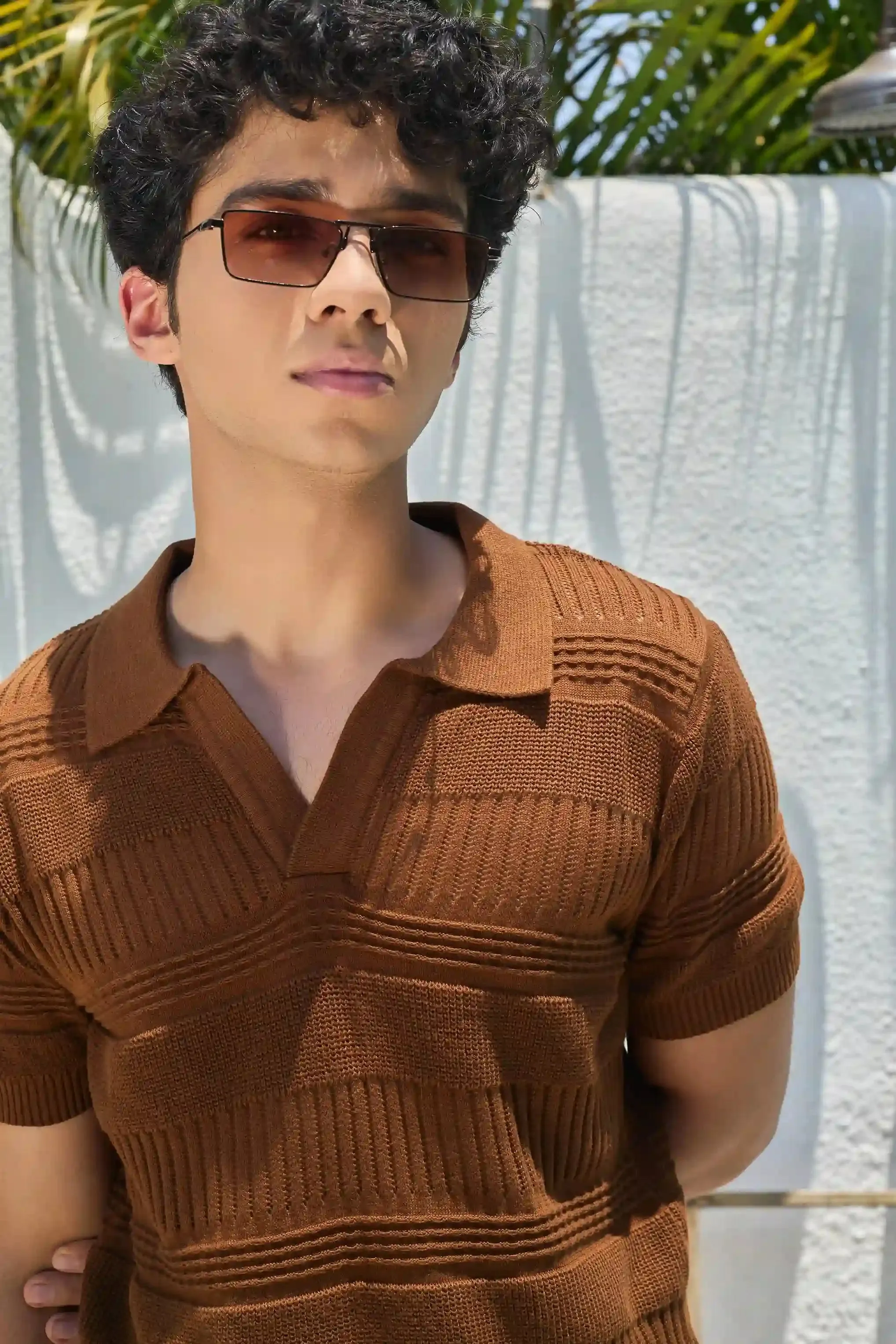 Textured Knit Polo T-Shirt - Brown
