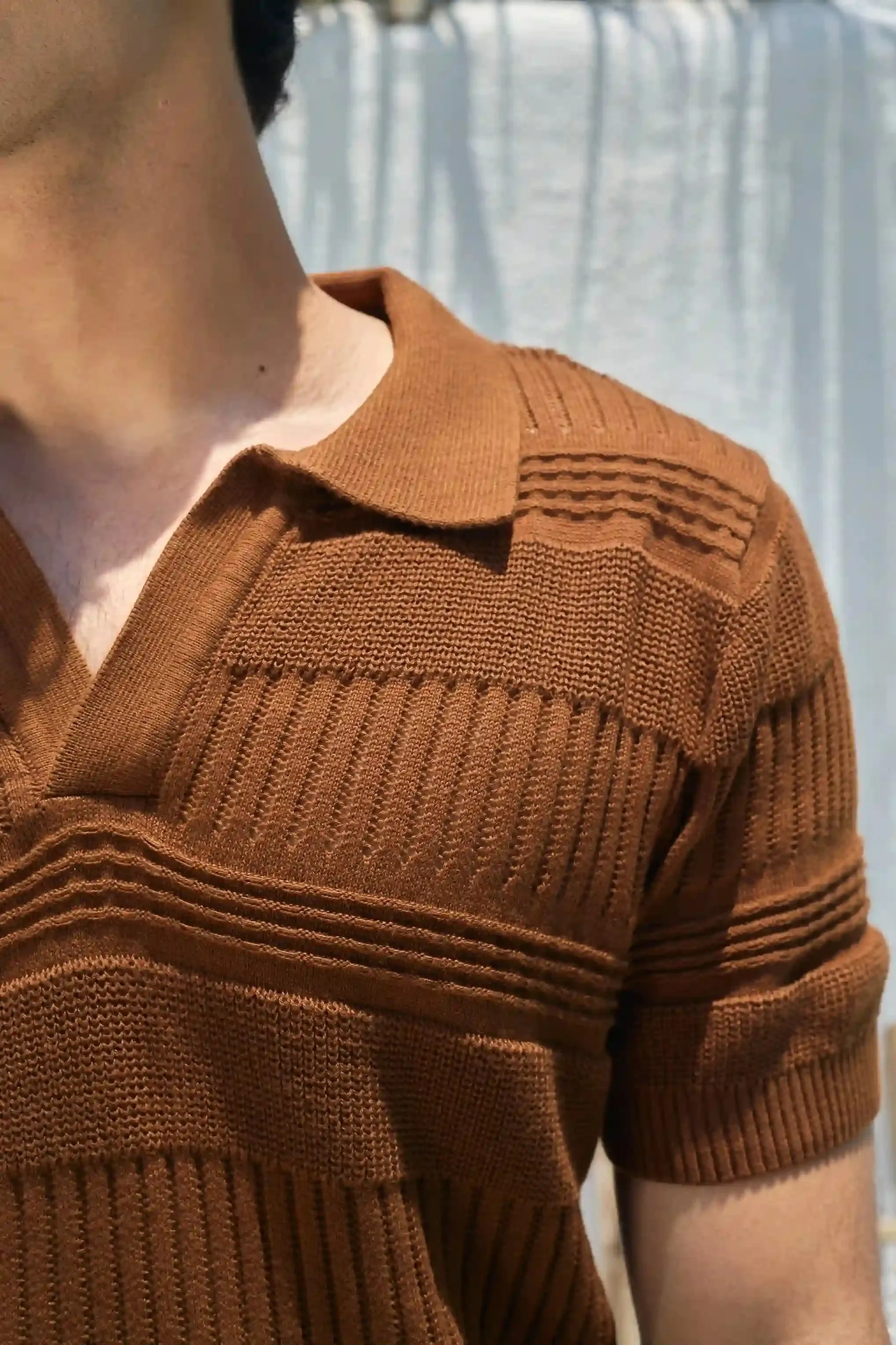 Textured Knit Polo T-Shirt - Brown