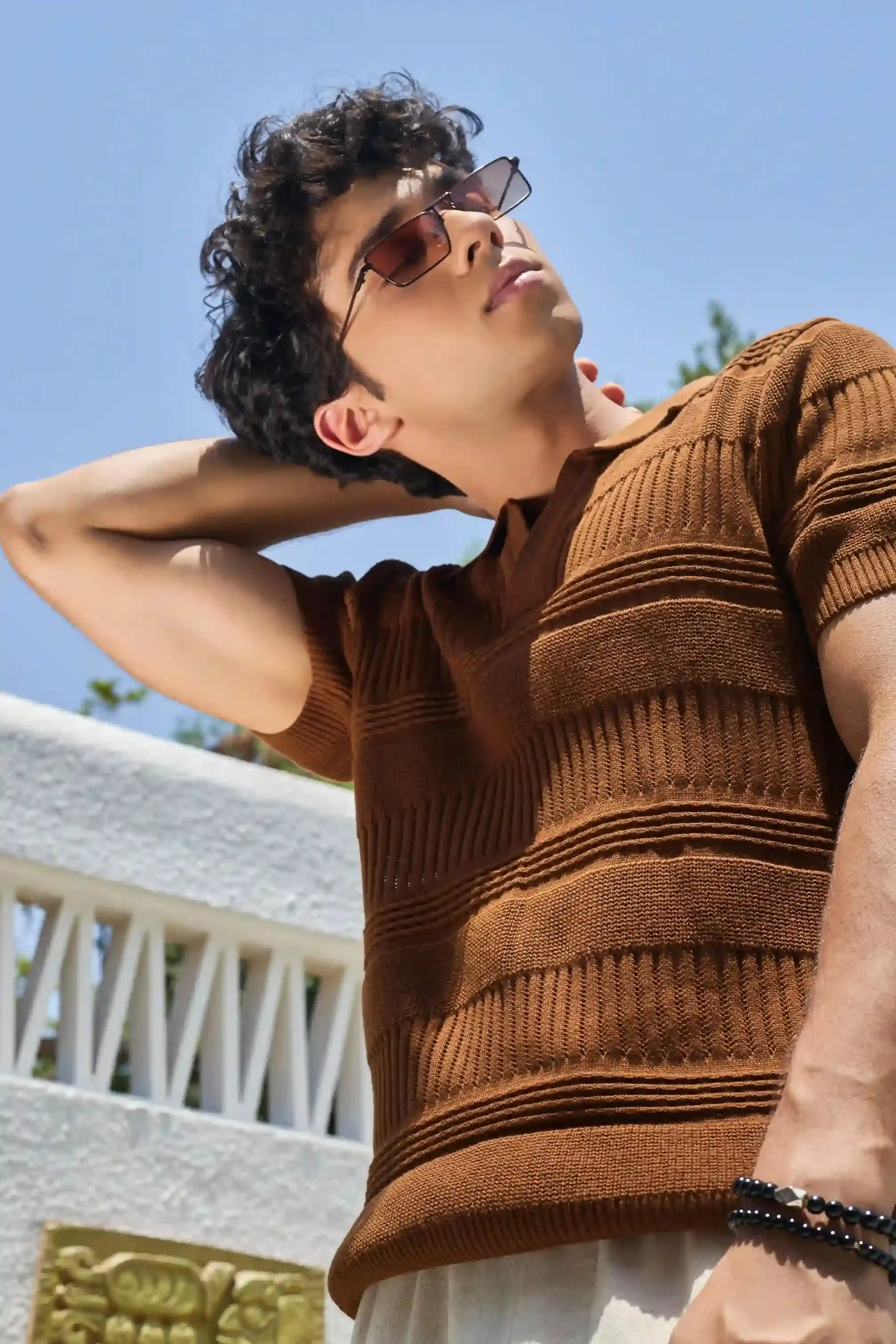 Textured Knit Polo T-Shirt - Brown