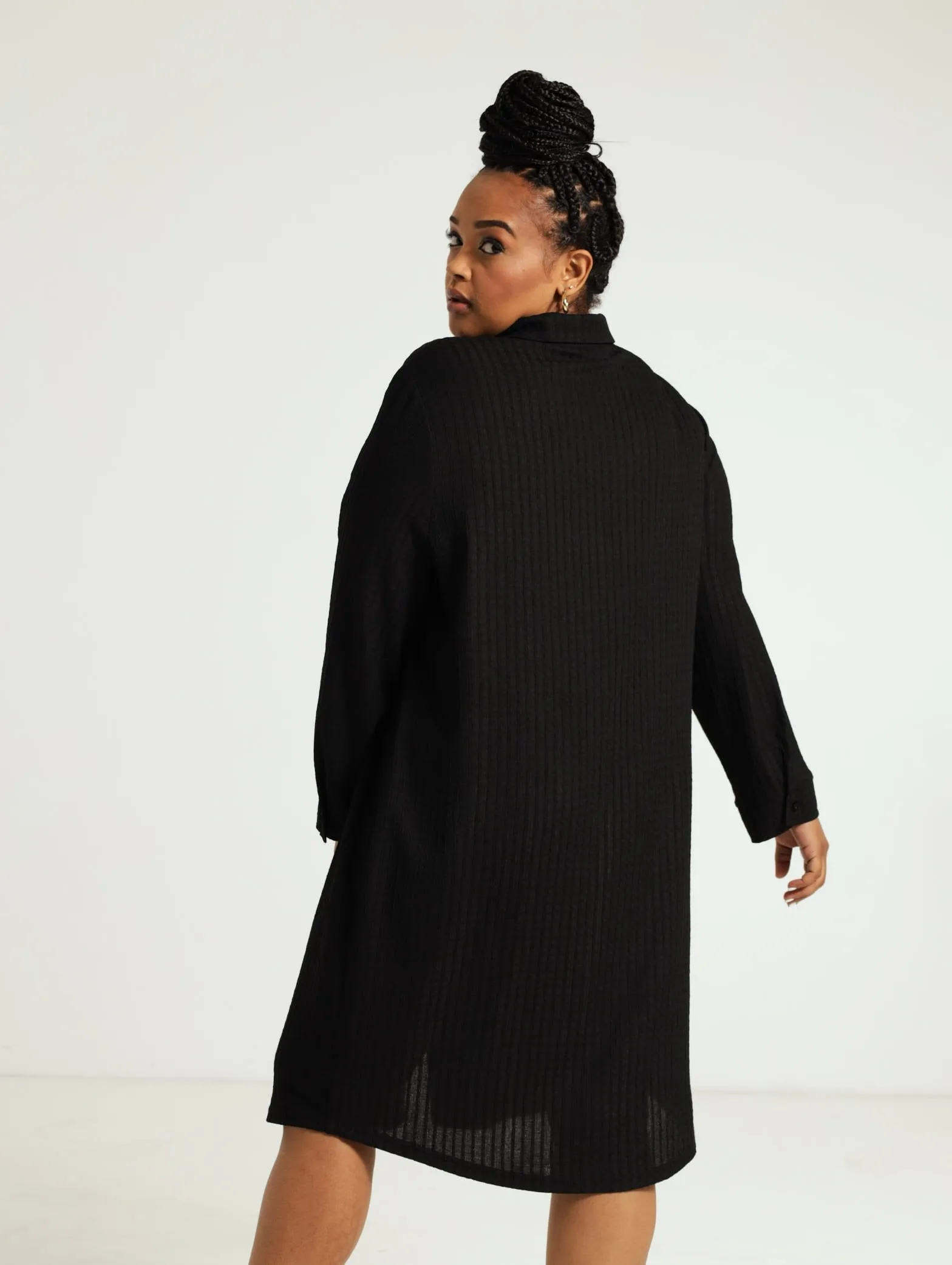 Textured Shirt Dress - Black