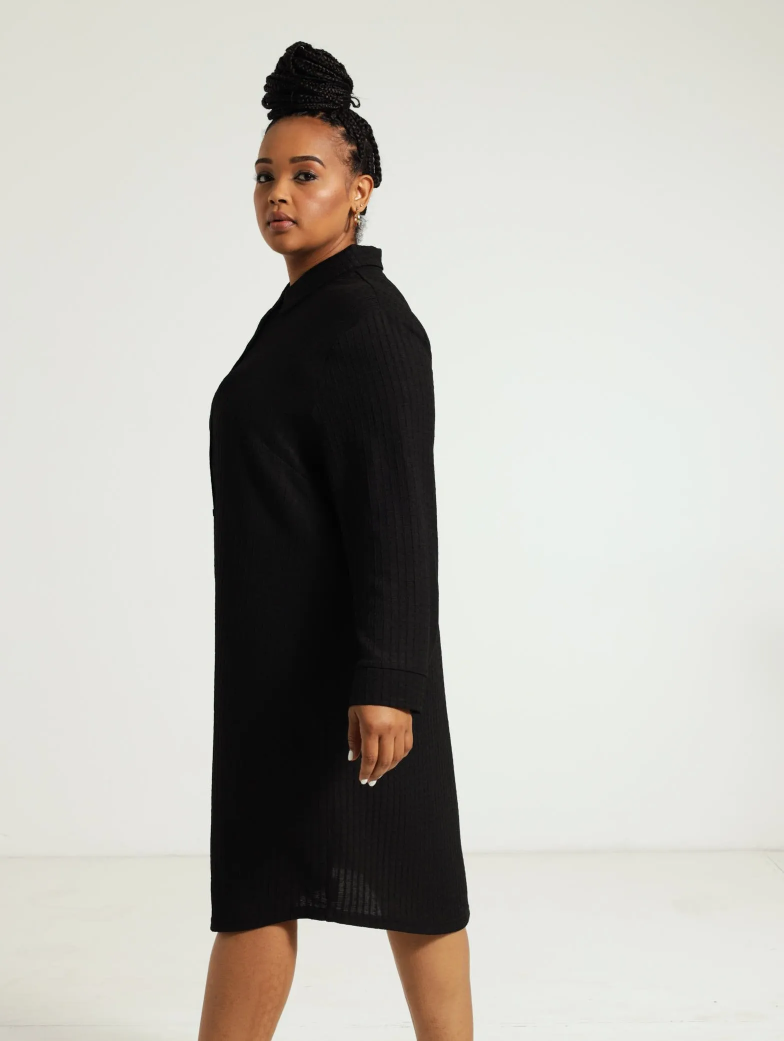 Textured Shirt Dress - Black