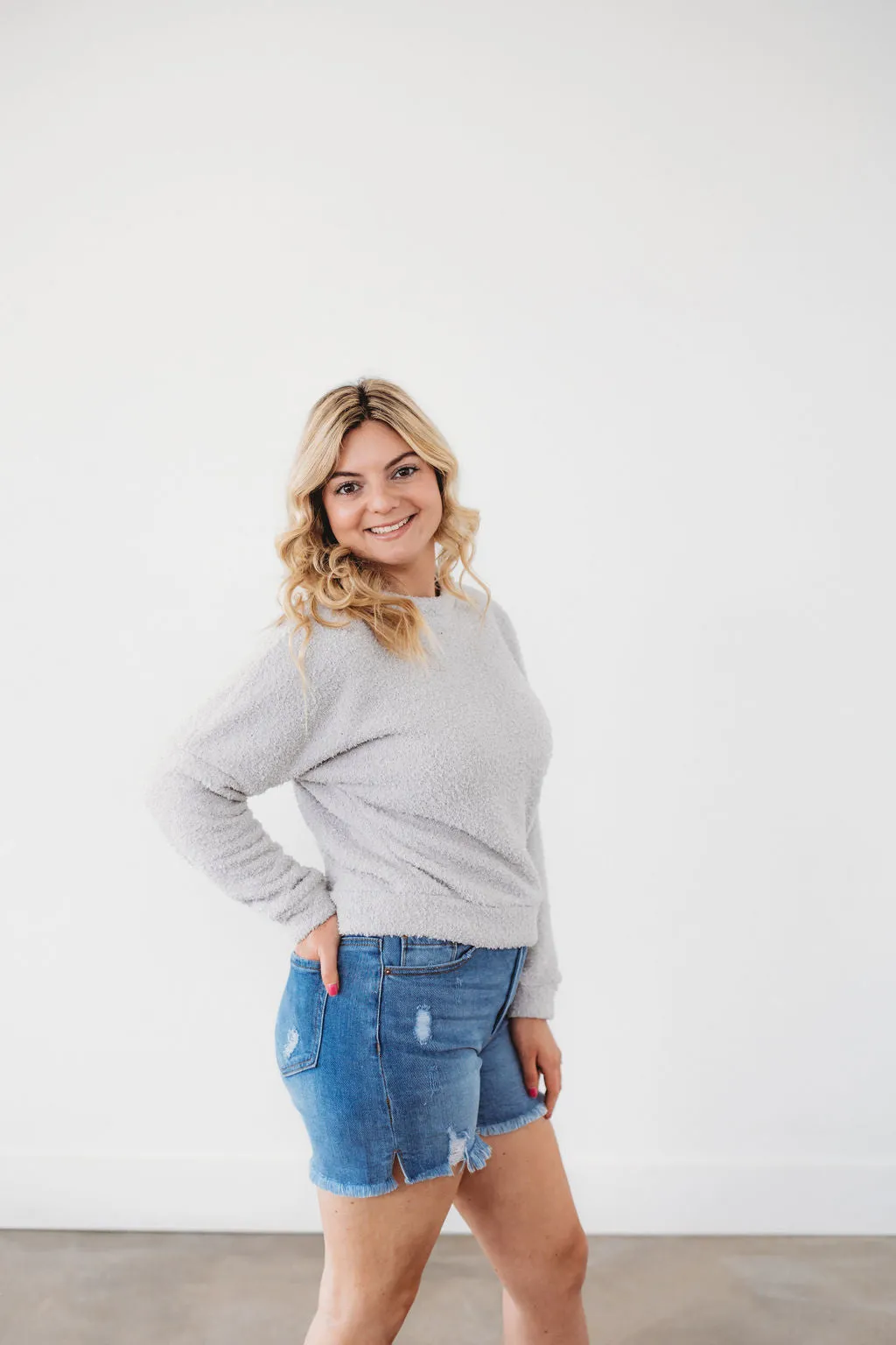 The Savannah's- Medium Wash Distressed Jean Shorts w/ Side Slits