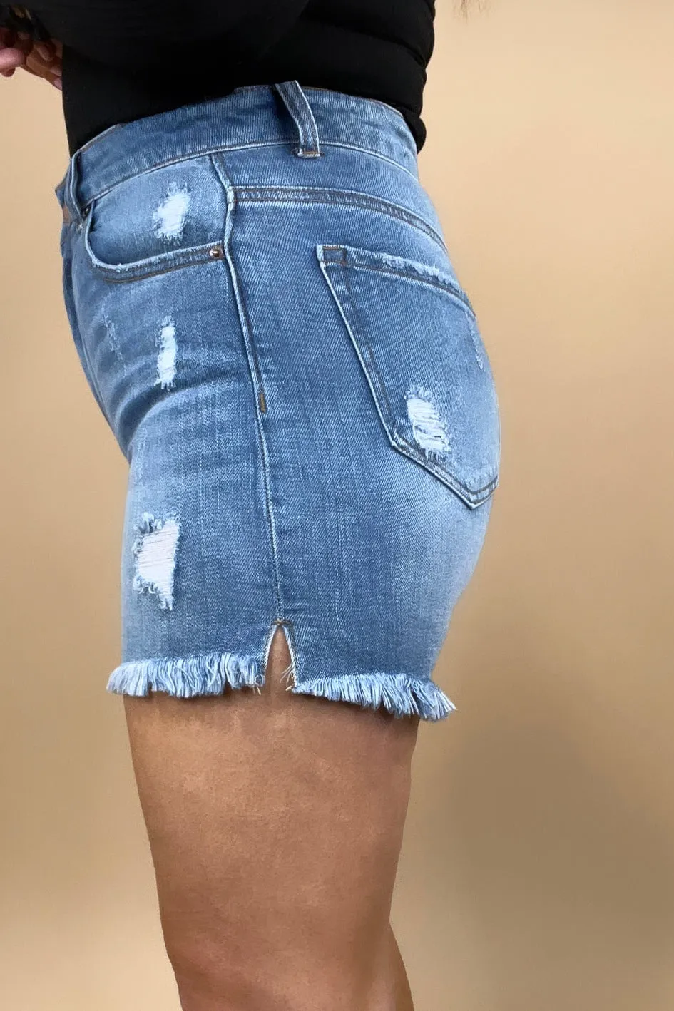 The Savannah's- Medium Wash Distressed Jean Shorts w/ Side Slits