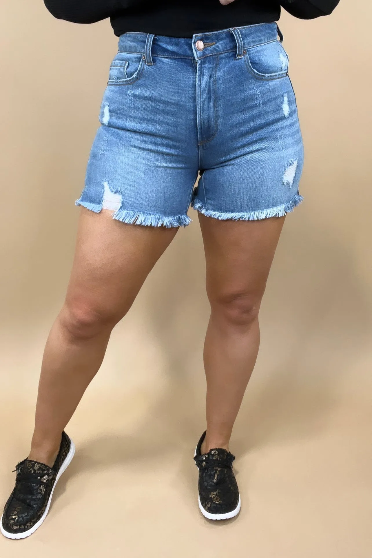 The Savannah's- Medium Wash Distressed Jean Shorts w/ Side Slits