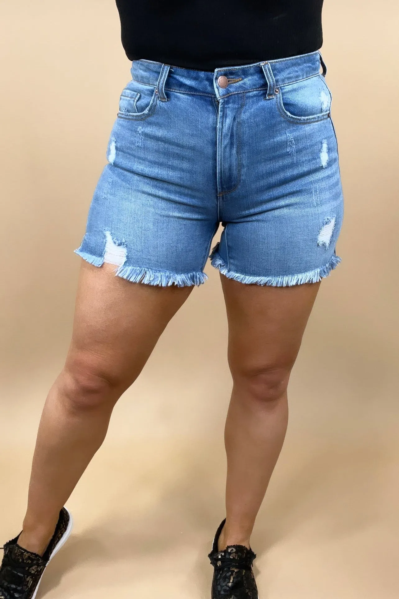 The Savannah's- Medium Wash Distressed Jean Shorts w/ Side Slits
