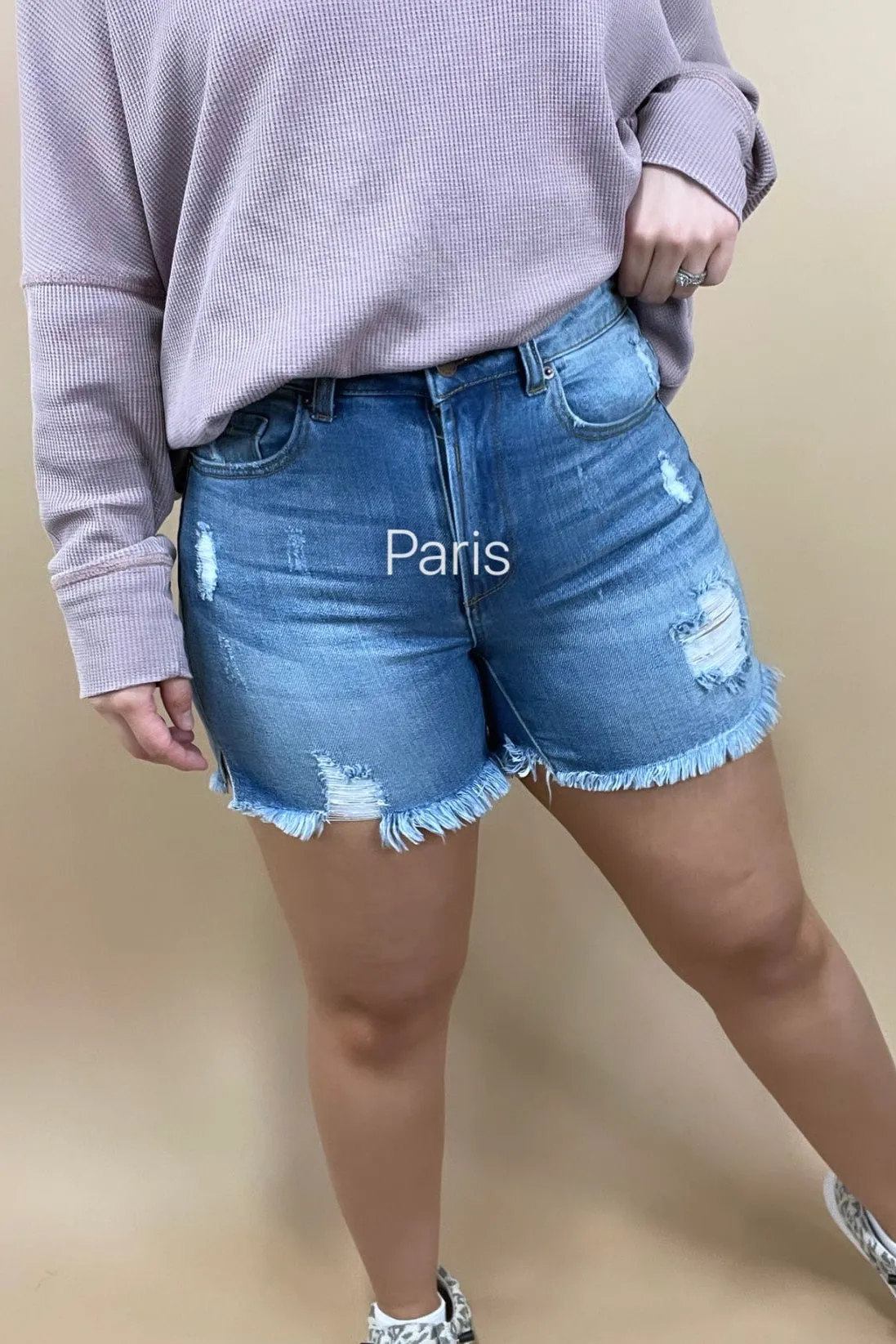 The Savannah's- Medium Wash Distressed Jean Shorts w/ Side Slits